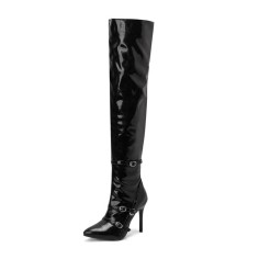 Pointed Toe Stiletto Heels Over the Knee Belt Buckle Straps Autumn Winter Stylish Boots - Black
