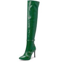 Pointed Toe Stiletto Heels Over the Knee Belt Buckle Straps Autumn Winter Stylish Boots - Green