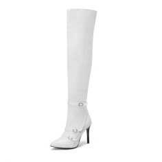 Pointed Toe Stiletto Heels Over the Knee Belt Buckle Straps Autumn Winter Stylish Boots - White