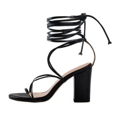 Peep Toe Chunky Heels Gladiators Ankle Wrap Sandals - Black