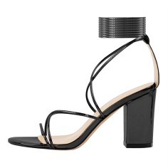 Peep Toe Chunky Heels Gladiators Ankle Wrap Patent Sandals - Black