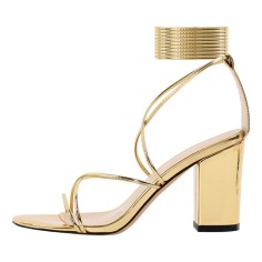 Peep Toe Chunky Heels Gladiators Ankle Wrap Patent Sandals - Gold