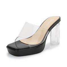 Peep Toe Transparent Chunky Heels Slippers Sandals - Black