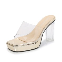 Peep Toe Transparent Chunky Heels Slippers Sandals - Gold