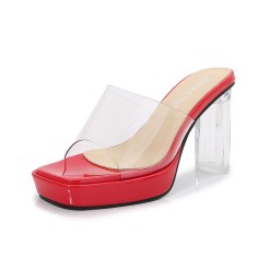 Peep Toe Transparent Chunky Heels Slippers Sandals - Red