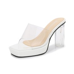 Peep Toe Transparent Chunky Heels Slippers Sandals - White