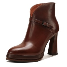 Pointed Toe Chunky Heels Ankle High Decorated Buckle Straps Leather Booties - Brown