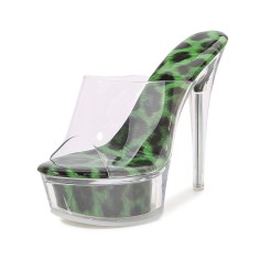 Peep Toe Transparent Leopard Print Stiletto Heels Platforms Sandals - Green