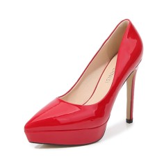 Pointed Toe Stiletto Heels Platforms Patent Pumps - Red