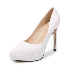 Pointed Toe Stiletto Heels Platforms Patent Pumps - White