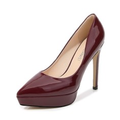 Pointed Toe Stiletto Heels Platforms Patent Pumps - Wine Red