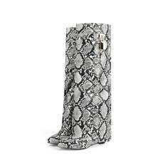 Round Toe Knee Highs Wedges Lock Decorated Side Zipper Fashion Rain Boots - Snake Gray