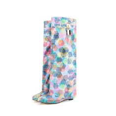 Round Toe Knee Highs Wedges Lock Decorated Side Zipper Fashion Rain Boots - Light Multicolor