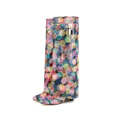 Round Toe Knee Highs Wedges Lock Decorated Side Zipper Fashion Rain Boots - Dark Multicolor