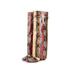 Round Toe Knee Highs Wedges Lock Decorated Side Zipper Fashion Rain Boots - Snake Red