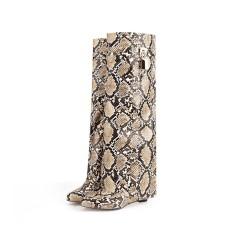 Round Toe Knee Highs Wedges Lock Decorated Side Zipper Fashion Rain Boots - Snake Rice