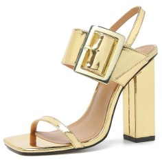 Peep Toe Chunky Heels Ankle Big Buckle Back Straps Platforms Sandals - Gold