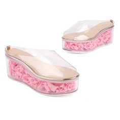 Peep Toe Transparent Shaft Flower Platforms Wedges Sandals Slippers - Gold PVC