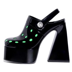 Round Toe Chunky Heels Platforms Slingback Patent Sandals - Black