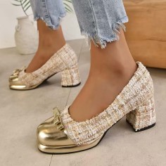 Round Toe Bow Tie Tweed Chunky Heels Pumps - Black Fabric