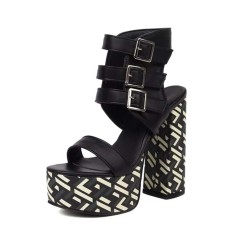 Peep Toe Chunky Heels Platforms Three Row Belt Buckle Straps Printed Sandals - Black Faux Leather