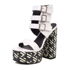 Peep Toe Chunky Heels Platforms Three Row Belt Buckle Straps Printed Sandals - White Faux Leather