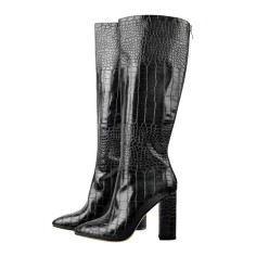 Pointed Toe Chunky Heels Crocodile Pattern Knee Highs Boots - Black Faux Leather