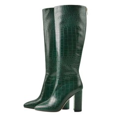 Pointed Toe Chunky Heels Crocodile Pattern Knee Highs Boots - Green Faux Leather