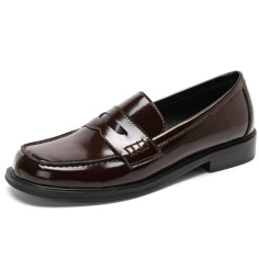 Round Toe British Style Oxford Leather Flats Loafers - Red Brown