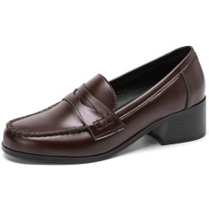 Round Toe British Style Oxford Leather Chunky Heels Loafers - Brown