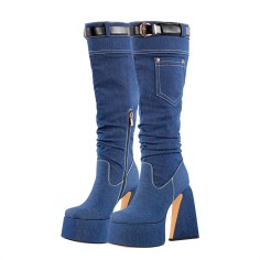 Square Toe Knee High Platforms Denim Chunky Heels Side Zipper Belt Buckle Straps Boots - Blue