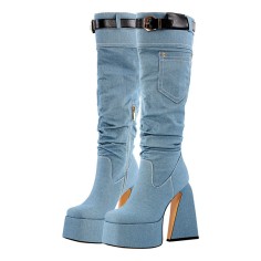 Square Toe Chunky Heels Side Zipper Platforms Knee Highs Buckle Straps Denim Boots - Light Blue