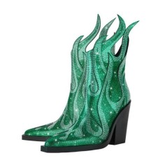 Pointed Toe Rhinestone Flames Chunky Heels Side Zipper Western Boots - Green