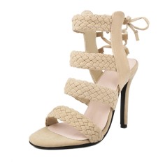 Peep Toe Stiletto Heels Ankle Back Lace Up Gladiator Sandals - Beige