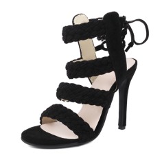 Peep Toe Stiletto Heels Ankle Back Lace Up Gladiator Sandals - Black