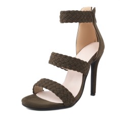 Peep Toe Stiletto Heels Ankle Straps Back Zipper Sandals - Army Green