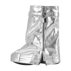 Round Toe Fold Over Mid Calf Knee Highs Lock Decorated Wedges Boots - Silver Faux Leather
