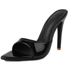 Pointed Toe Patent Stiletto Heels Slippers Sandals - Black