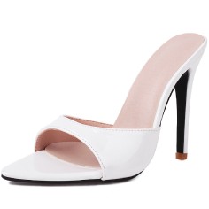 Pointed Toe Patent Stiletto Heels Slippers Sandals - White
