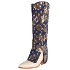 Pointed Toe Chunky Heels Denim Sequins Cowboy Western Sexy Boots - Dark Blue