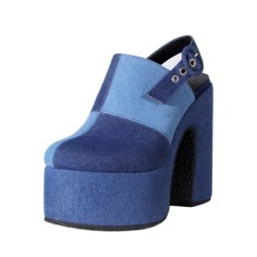 Round Toe Denim Ankle Buckle Slingback Straps Chunky Heels Platforms Sandals - Blue