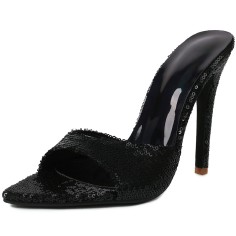 Pointed Toe Stiletto Heels Sequined Slippers Sandals - Black