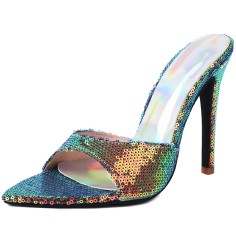Pointed Toe Stiletto Heels Sequined Slippers Sandals - Gold