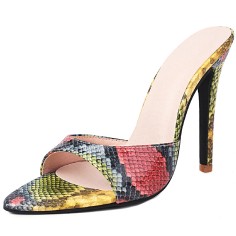 Pointed Toe Snake Print Stiletto Heels Slippers Sandals - Gold