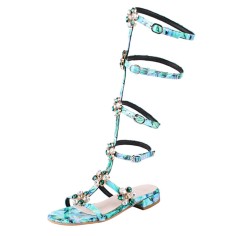 Peep Toe Knee High Buckle Straps Rhinestones Flats Slippers Sandals - Blue
