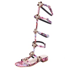 Peep Toe Knee High Buckle Straps Rhinestones Flats Slippers Sandals - Rose Red