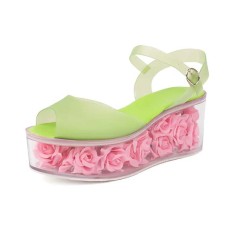 Peep Toe Transparent Shaft Flower Platforms Wedges Ankle Buckle Straps Sandals Slippers - Green PVC