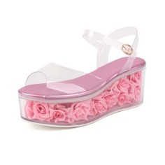 Peep Toe Transparent Shaft Flower Platforms Wedges Ankle Buckle Straps Sandals Slippers - Pink PVC
