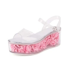 Peep Toe Transparent Shaft Flower Platforms Wedges Ankle Buckle Straps Sandals Slippers - Silver PVC