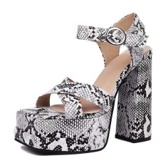 Square Open Toe Chunky Heels Platforms Snake Print Ankle buckle Straps Sandals - Black Faux Leather